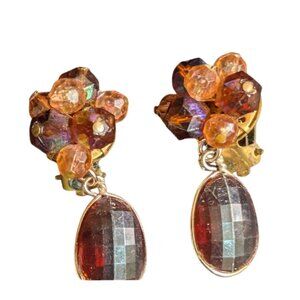Vintage Western Germany Clip-On Earrings Faceted Amber‎ Glass Beads & Dangles